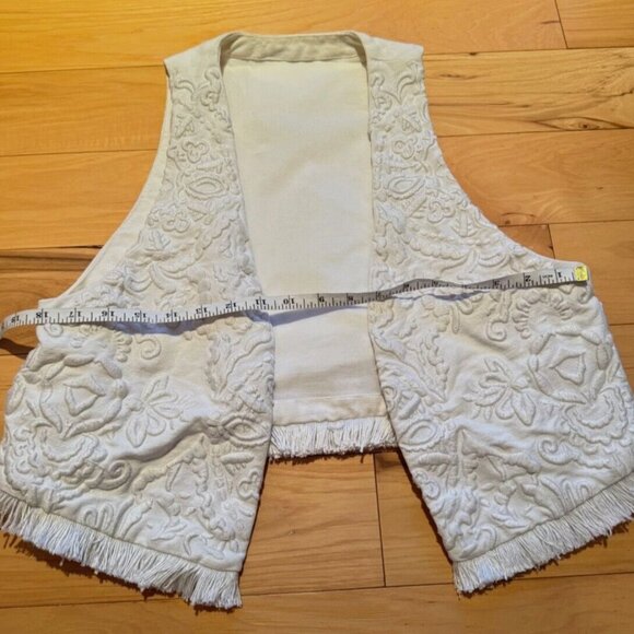 Vintage Embroidered Cotton Canvas Crop White Mini Vest Western Boho Fringe - Picture 5 of 6